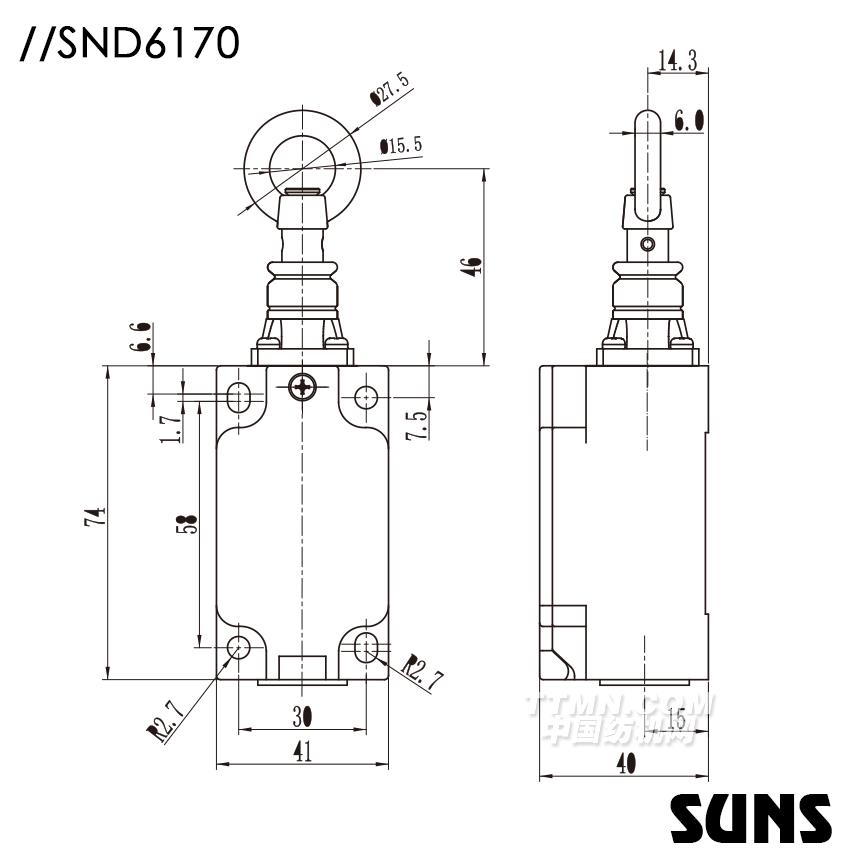 SUNS美國三實自復位安全開關SND6170安全拉繩開關(單向動作式)尺寸圖 SUNS美國三實自復位安全開關SND6170安全拉繩開關(單向動作式)尺寸圖