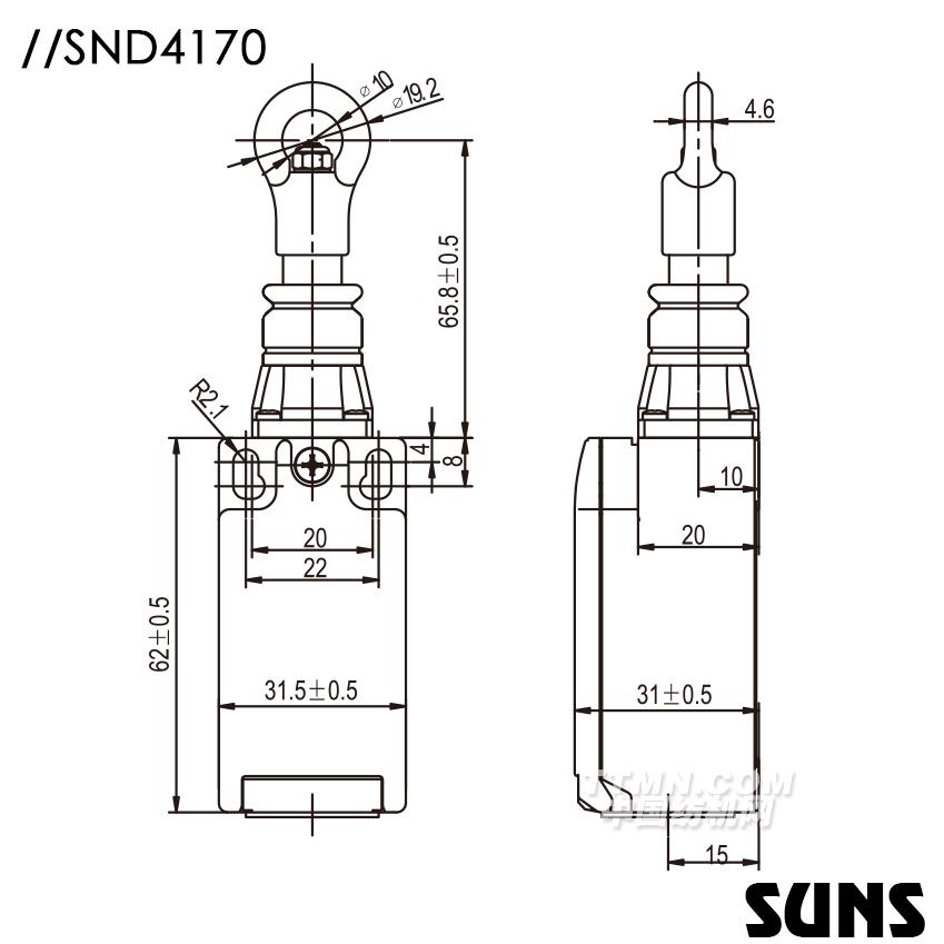 SUNS美國三實自復位安全開關SND4170安全拉繩開關 單向動作式拉繩開關尺寸圖 SUNS美國三實自復位安全開關SND4170安全拉繩開關 單向動作式拉繩開關尺寸圖